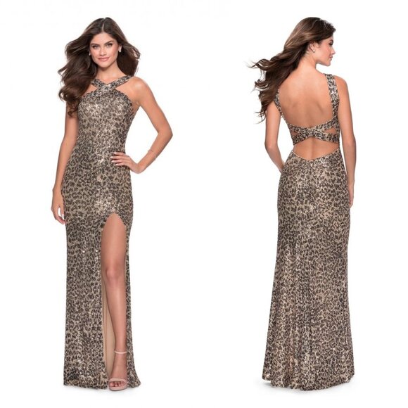 NWT La Femme Leopard Print Sequin Prom Dress Size 8 Criss Cross High Neck 28672 - Picture 1 of 13